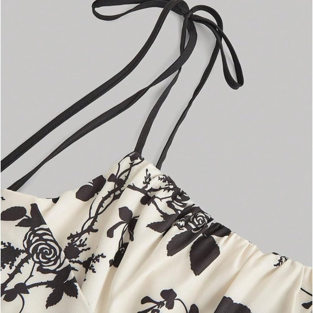 Women's Floral Bustier Corset Dress Boho Long Sundress Smocked Tie Shoulder - Picture 3 of 4